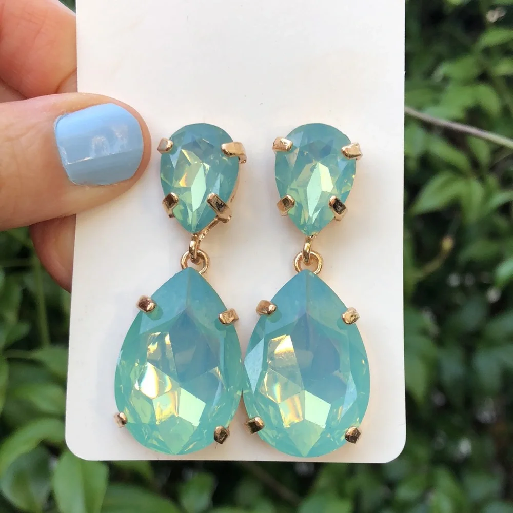 Green Opal Crystal Drop Statement Earrings